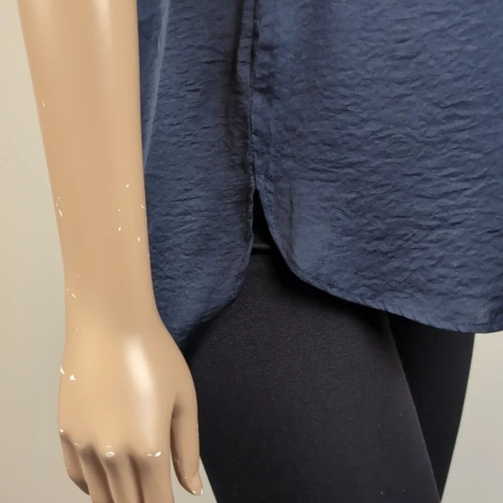 H&M Navy Vneck Top Short Sleeve Blue Satin Pleated Blouse - Picture 9 of 12